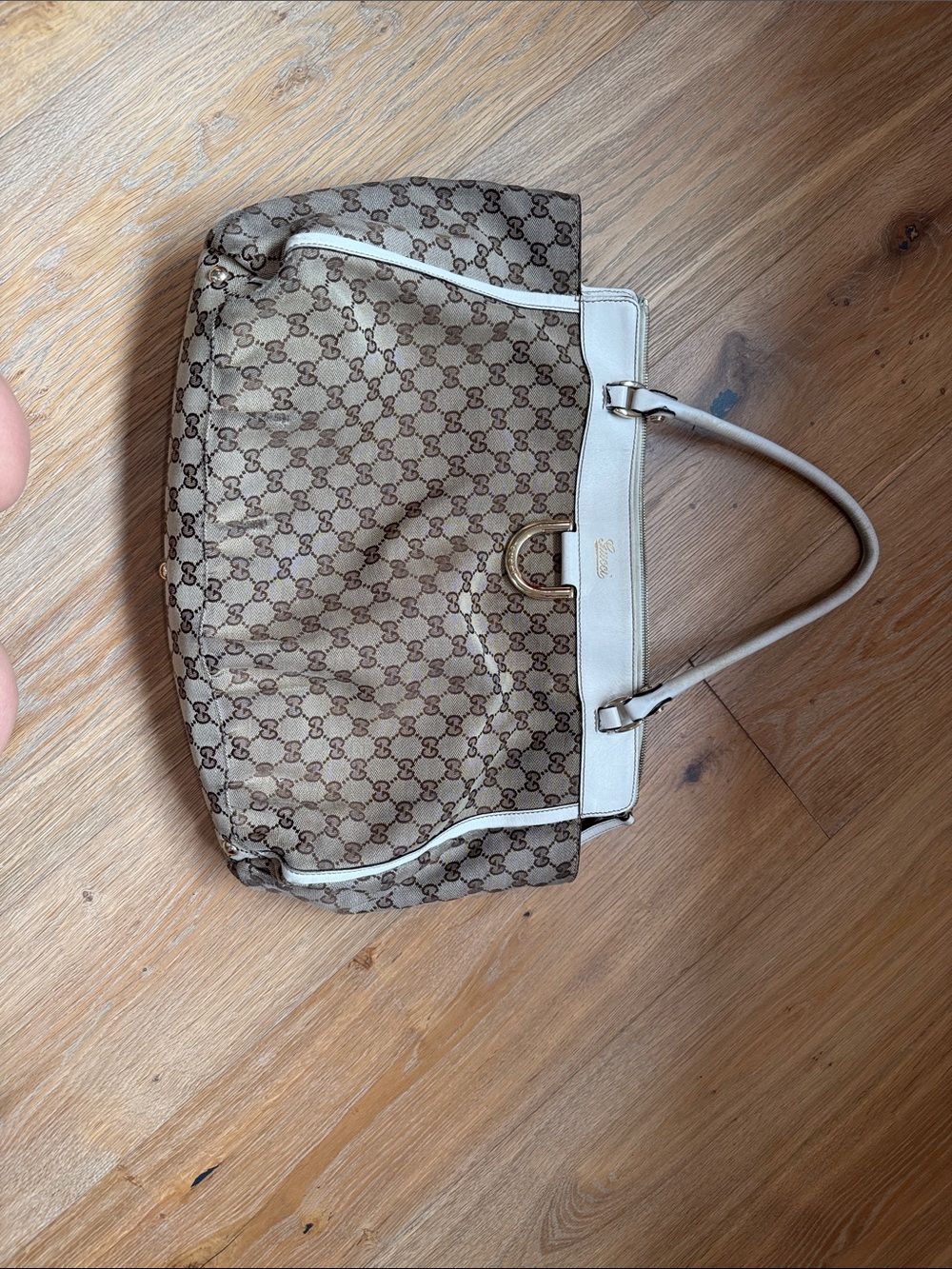 Gucci Beige Monogram Shoulder Bag with White Trim